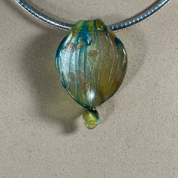 Murano Style Art Glass Necklace Pendant Silver Tone Omega Green Blue - Picture 2 of 6